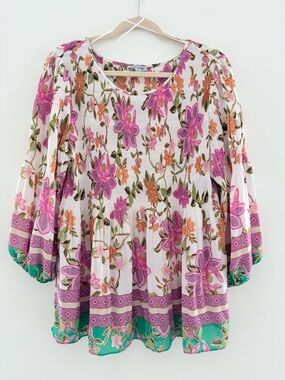 Floral Pleated Long-Sleeve Women's Top in Pink & Green